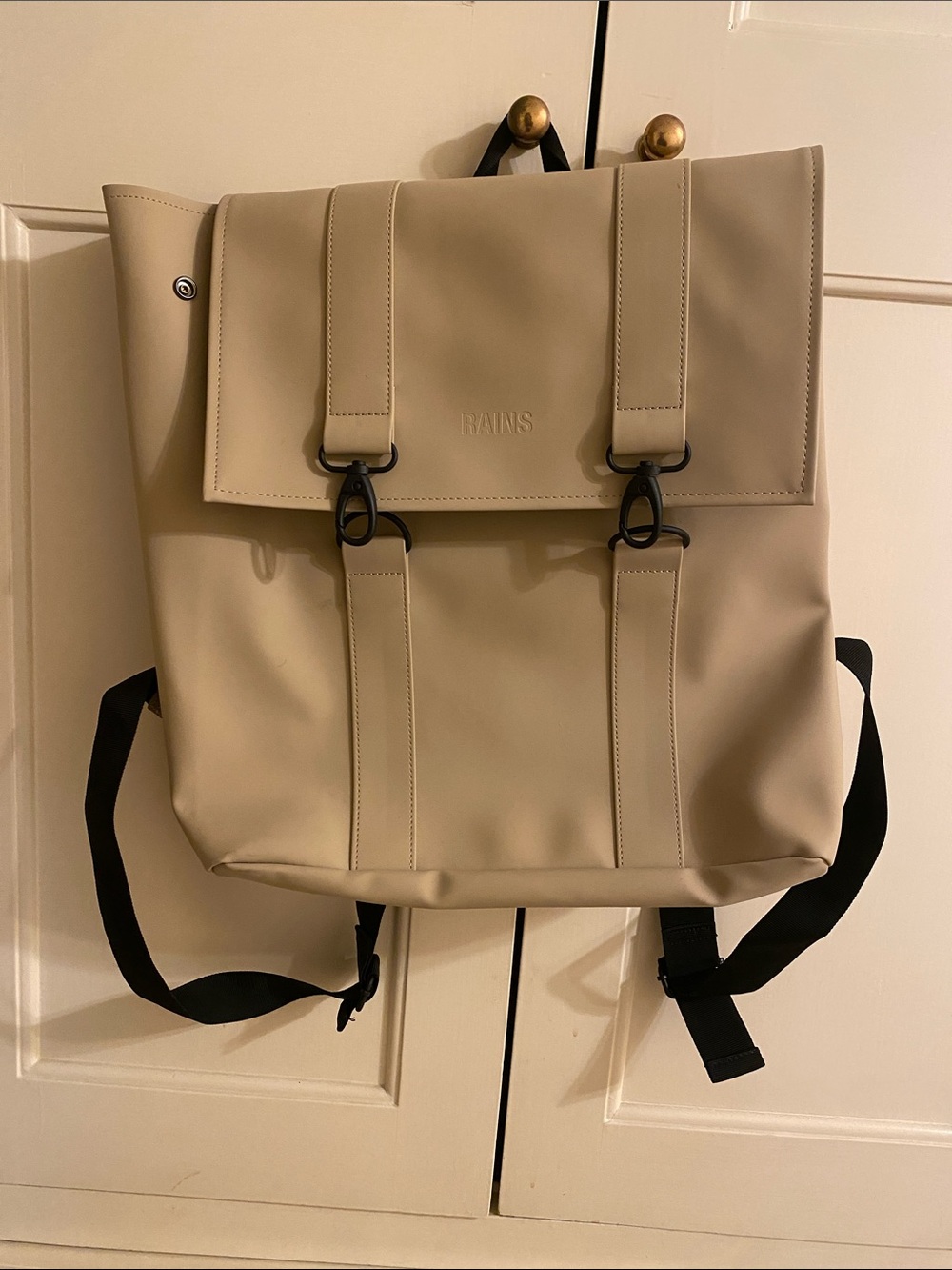 Rains Sand Roll-Top Backpack in Beige with Black Straps